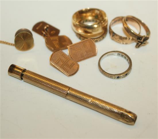 Pair 9ct gold cufflinks, 5 x 9ct gold rings, clip, propelling pencil